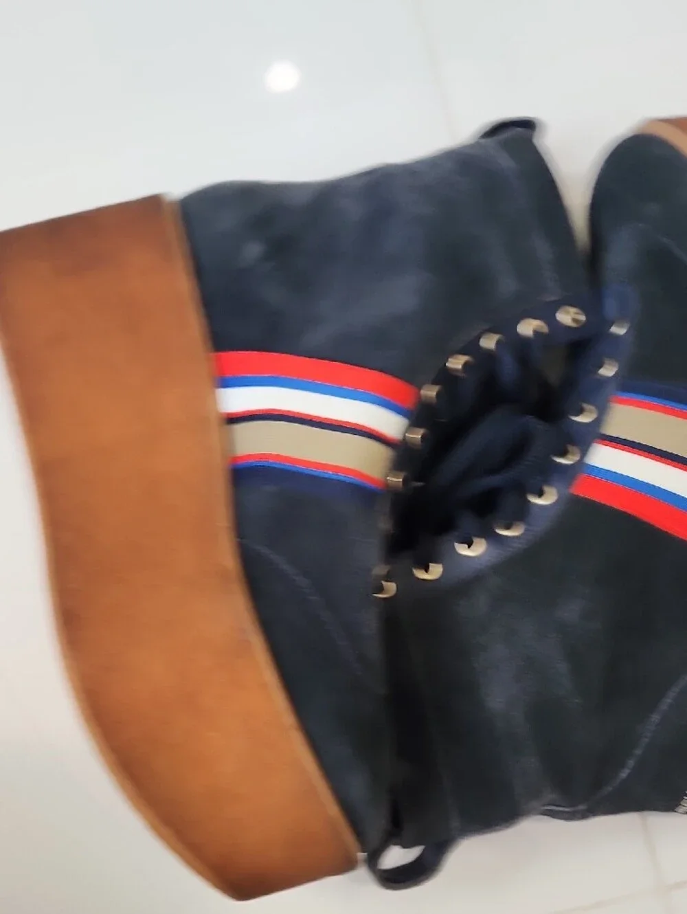 Tory Burch Navy Suede Platform Lace-Up Boots with Tricolor Ribbon Accent